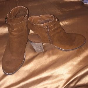Brown suede booties with open heel